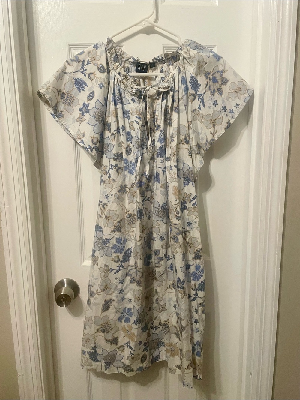 GAP Blue & Cream Floral Tie-Neck Flutter Dress
